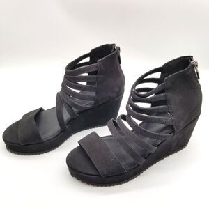 Eileen Fisher Women Weavy Wedge Strappy  Sandals Size 5.5 Black Leather